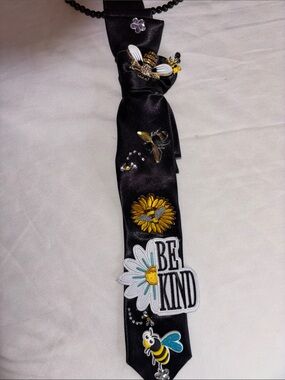 Hand Crafted Black Satin Kids Tie with Yellow Bee & White Daisy Patches
